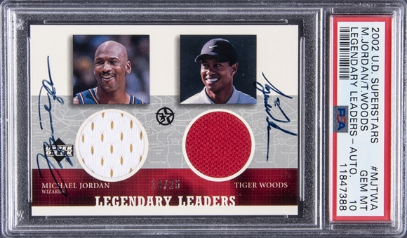2002-03 UD Superstars Legendary Leaders Dual Jersey Autograph #MJTWA Michael Jordan/Tiger Woods Dual Signed Jersey Card (#19/25) - PSA GEM MT 10